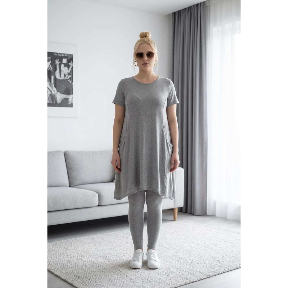 Trendyland Gray Short Sleeve Sharkbite Hem T-Shirt Dress with Pockets 2X